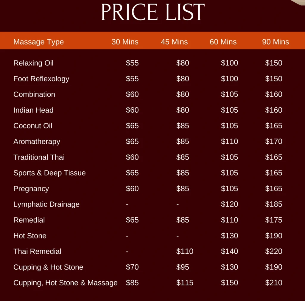 Massage price list Coolum Beach