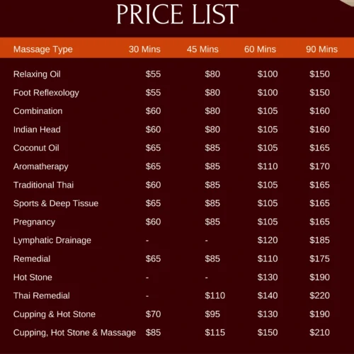 Massage price list Coolum Beach
